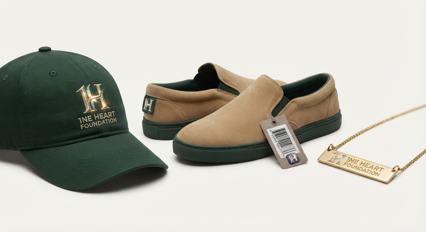 Forest green 1NE Heart cap, tan slip-on loafers, and a gold foundation necklace.