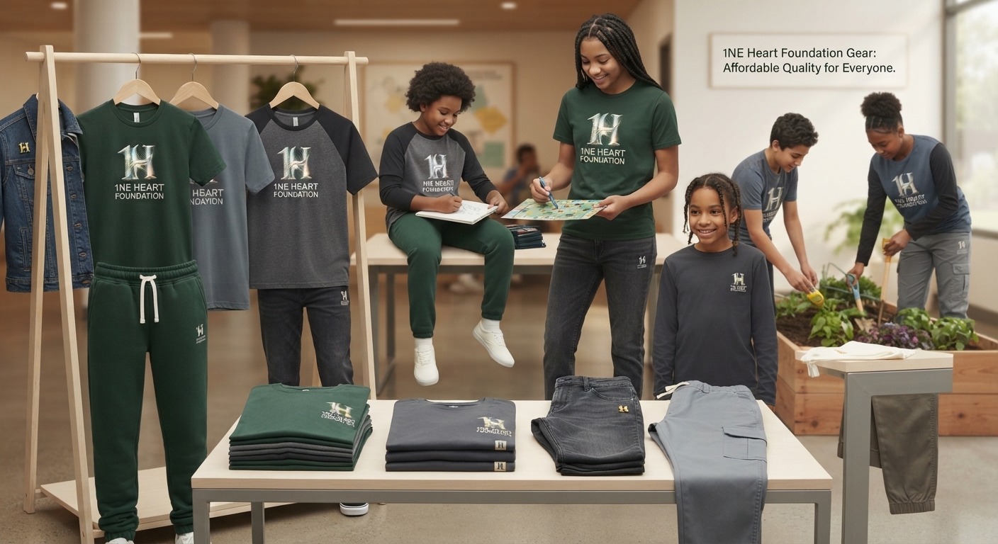 1NE Heart branded clothing displayed alongside young people creating art and gardening.